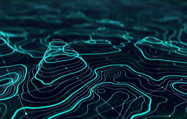 3D topographic map with blue lines and light points on dark grid