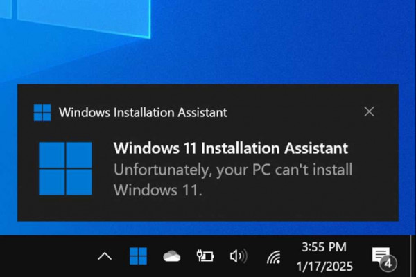 Unfortunately your PC cant install Windows 10 notification screenshot
