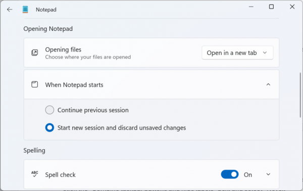 Notepad start new session