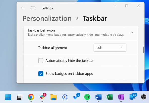 Taskbar button alignment