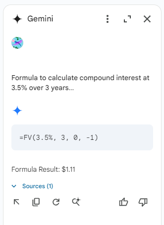 gemini side panel in sheets showing generated formula