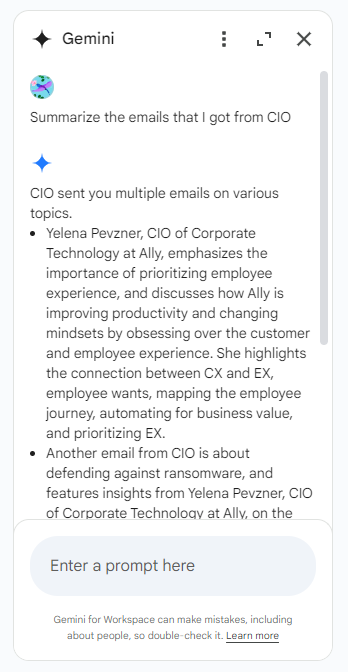 gemini sidebar in gmail summarizing emails received from one sender