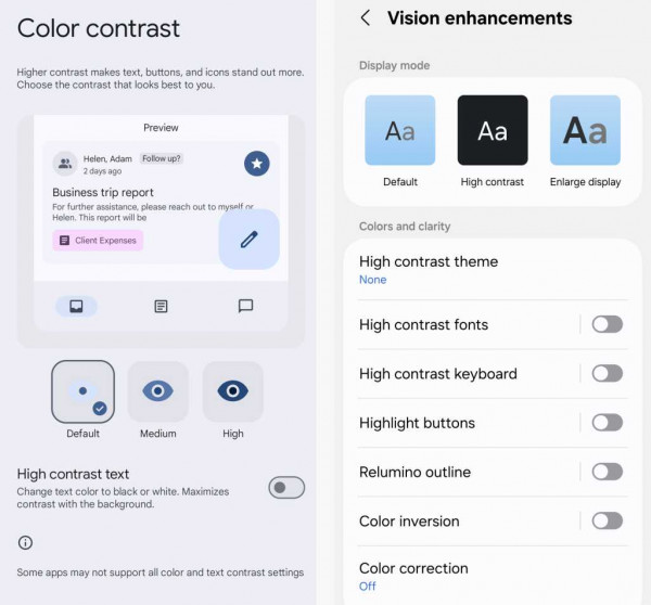 color contrast settings in android 15
