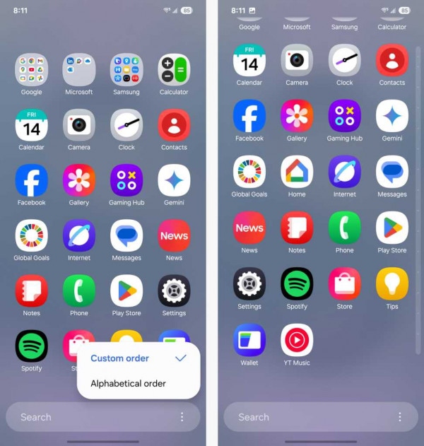 changing order of apps in app drawer in android 15 on samsung