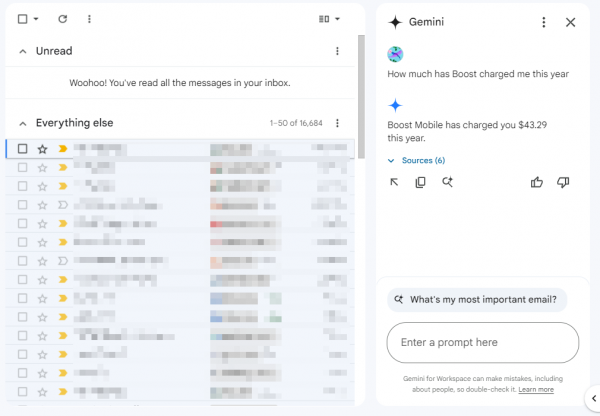 gemini side panel in gmail showing answer to query about emails