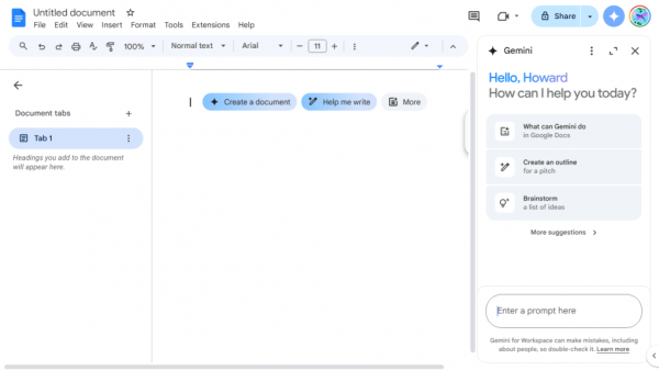 gemini side panel for blank document in google docs