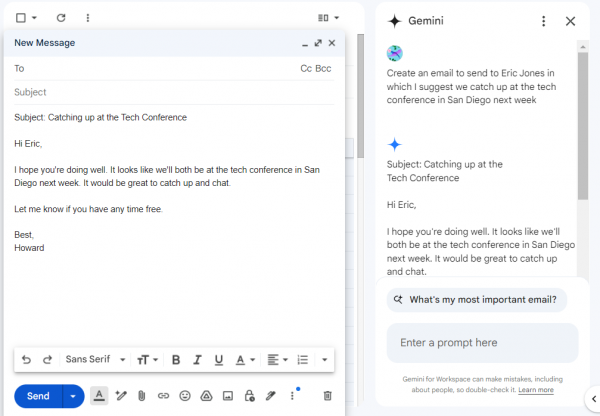 gemini side panel in gmail showing generated email draft