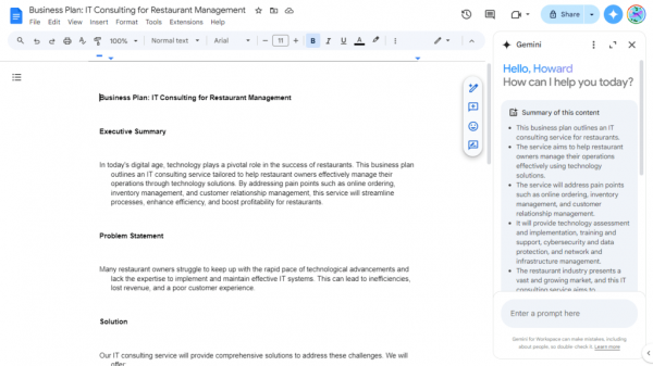 gemini side panel in docs with automatic summary of document