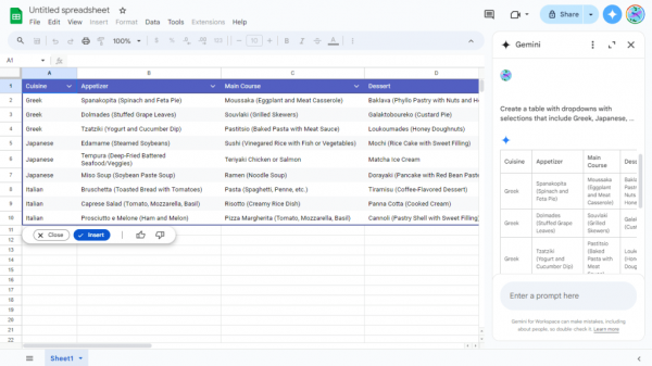 google sheets spreadsheet with table generated by gemini side panel