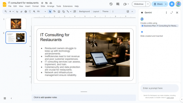 google slides showing new slide generated from document by gemini