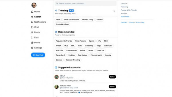 Bluesky trending topics screenshot