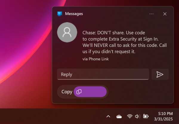 SMS security code notification