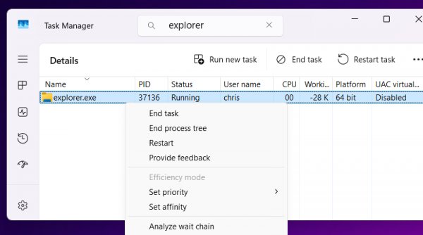 windows task manager right click menu for File Explorer