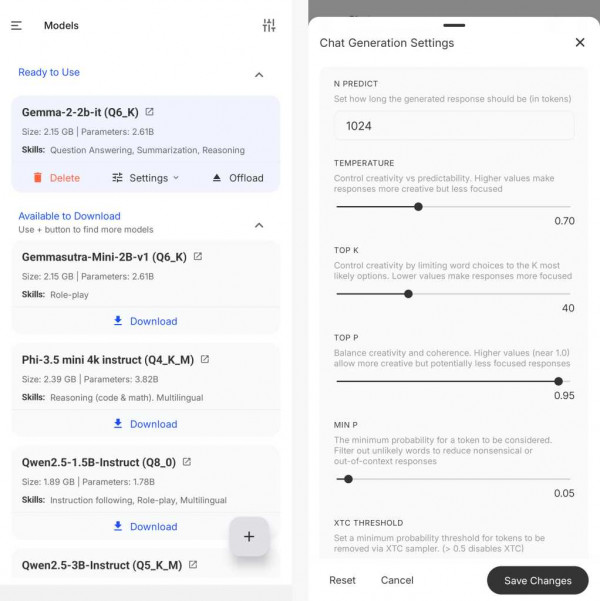 pocketpal app models and settings on android