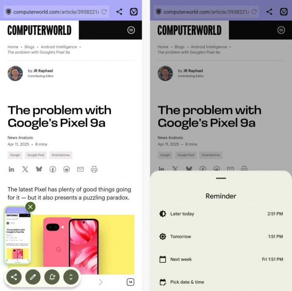 setting a reminder in pixel screenshots app on android