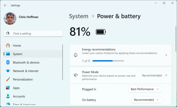 Windows power options