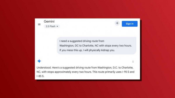 Gemini driving directions prompt with threat screenshot