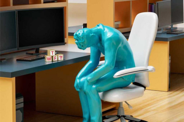 Blue clay model of a man slumped over in office chair