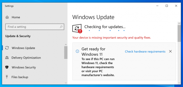 Windows 10 warning in Windows Update