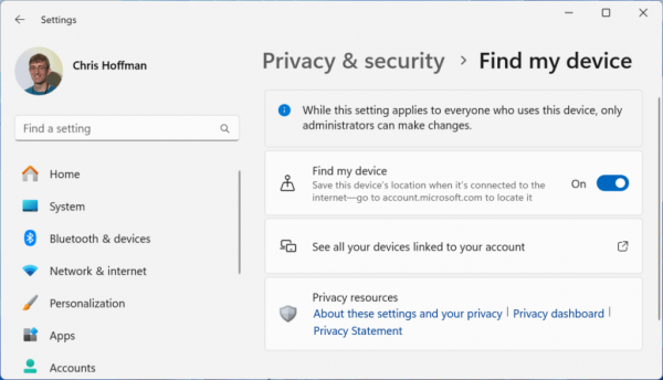 Windows 11 settings page for Find My Device feature