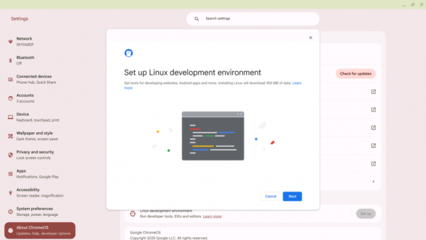 ChromeOS install Linux development environment screenshot