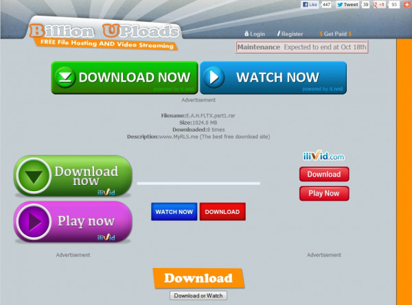 Billion Uploads fake download buttons screenshot