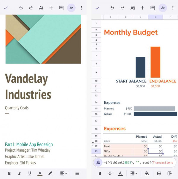 screens from google docs and sheets android apps