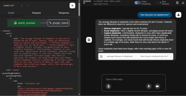 Google Agent Development Kit web interface showing debugging info