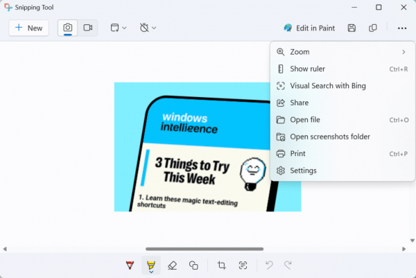 Snipping Tool menu options