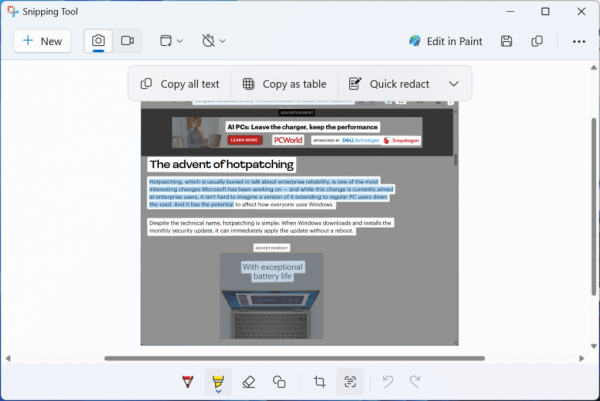 Text actions in Snipping Tools