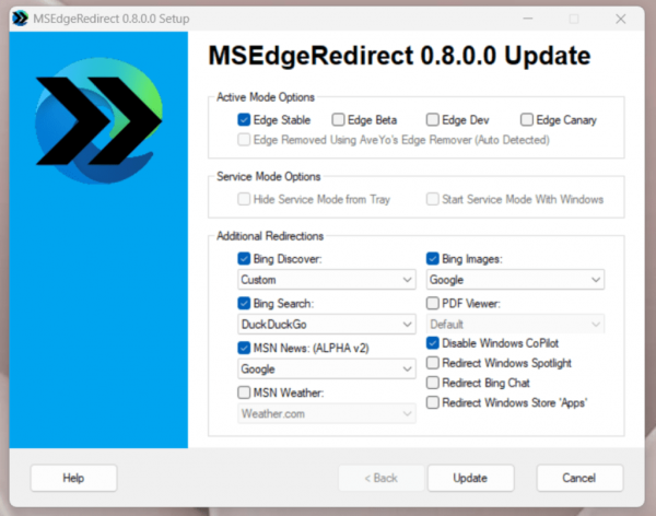 An image showing text, a screenshot, software interface MSEdgeRedirect