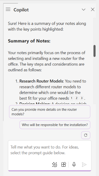 copilot sidebar in onenote with generated page summary