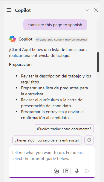 copilot sidebar in onenote with spanish translation of page
