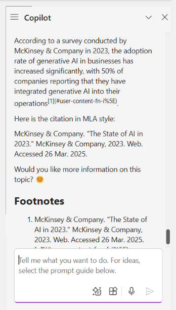 copilot sidebar in onenote with data point and citation in MLA style
