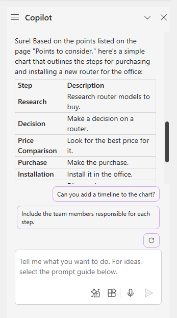 copilot sidebar in onenote with generated chart