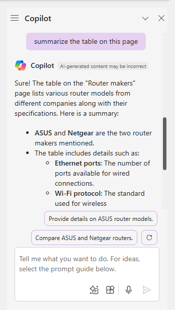 copilot sidebar in onenote with generated result summarizing contents of table on page