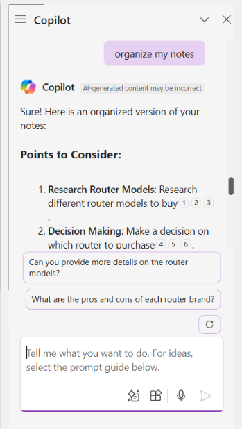 copilot sidebar in onenote showing reorganized page