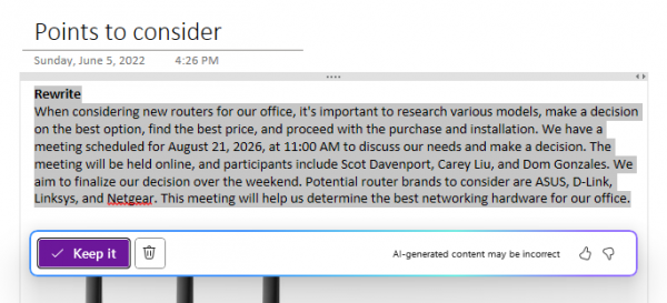 copilot rewrite pane with generated text in onenote