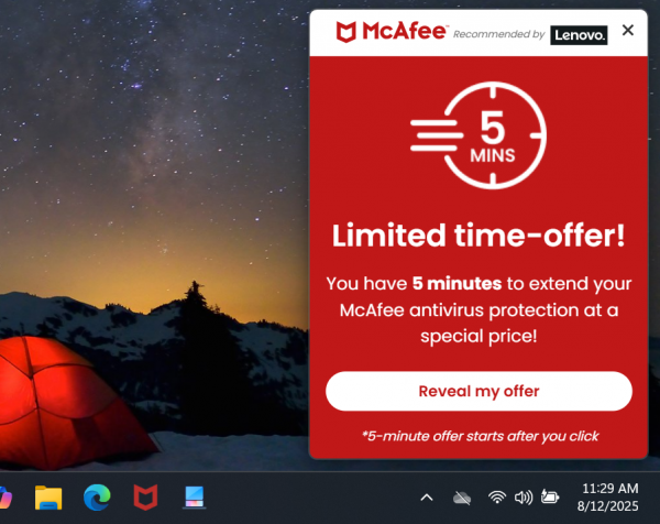 McAfee antivirus security You Have 5 minutes warning screenshot