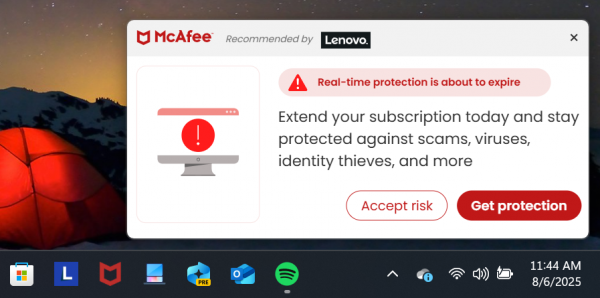 McAfee antivirus real-time protection is about to expire screenshot
