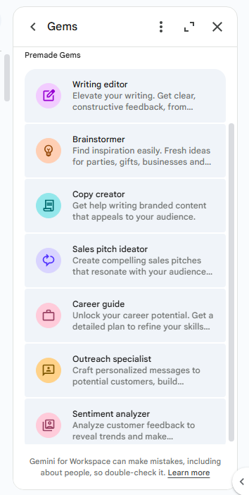 google docs sidebar showing seven premade gems