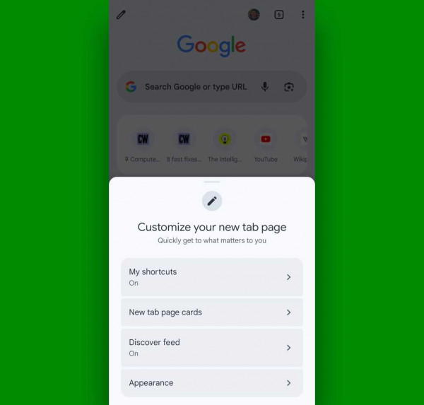 Chrome Android browser: Customize new tab page