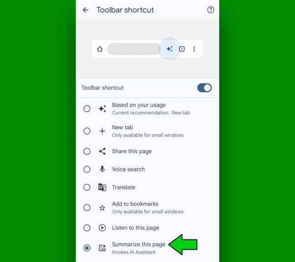 Chrome Android browser: Summarize shortcut