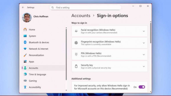 Windows Hello sign-in options screenshot