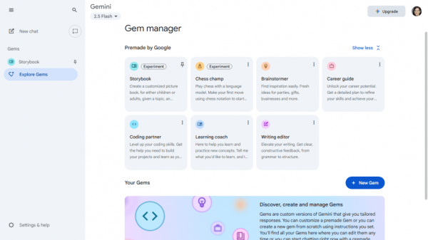 gem manager in gemini web app showing seven premade gems