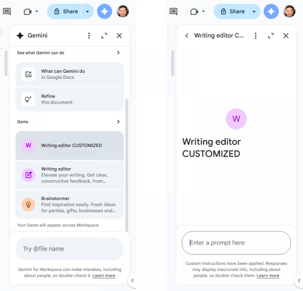 google docs sidebar showing custom gem in gems list and then taking over full sidebar