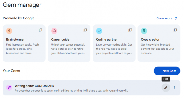 gem manager in gemini web app showing premade gems above and customized gem with edit button below