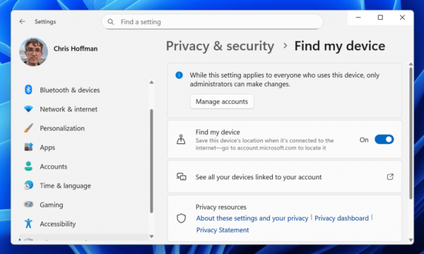 Windows 11 Enable Find My Device in Settings screenshot