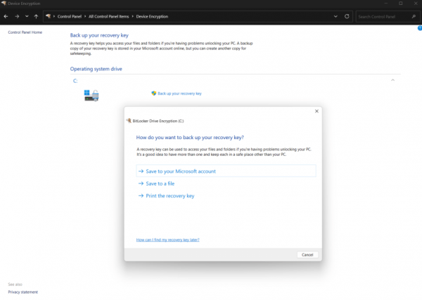 Device encryption key download screen in Windows 11