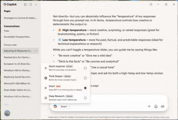 copilot screen with menu to choose a model